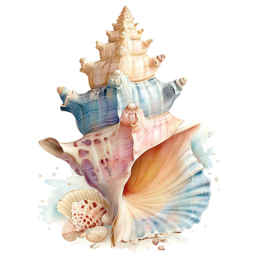 seashell, nautical, coastal, ocean, watercolor, beach, summer, shells, conch, beige, cream, tan, dusty rose, coral pink, soft blue, sage blue, blush pink, peach, watercolor art, botanical, nature, elegant, whimsical, seaside, marine life, decorative panel, wall art, home decor, dreamy, soft colors