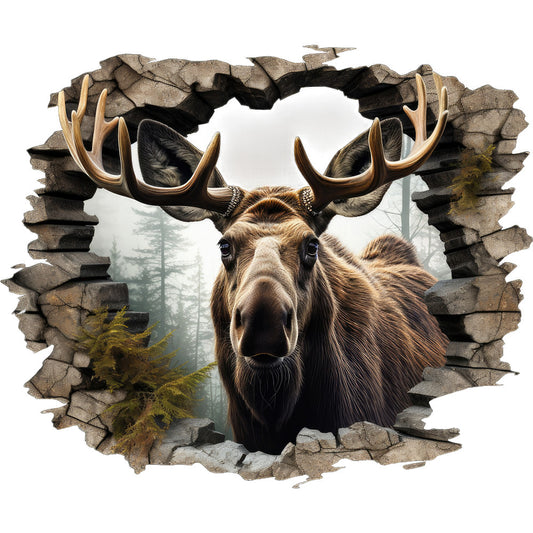moose, antlers, brown, tan, beige, gray, forest, trees, misty, fog, realistic, wildlife, nature, breaking through, stone wall, cracked wall, 3d effect, trompe l'oeil, fabric panel, quilting cotton, outdoor scene, woodland, atmospheric, detailed illustration