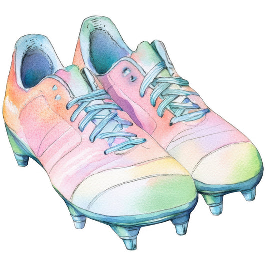 pastel pink, soft blue, mint green, pale yellow, peach, watercolor, gradient, ombre, sports themed, athletic, soccer cleats, football boots, footwear, whimsical, playful, youth, children's, colorful, rainbow, transitional, illustrative, watercolor illustration, multi-colored, sport shoes, kids apparel, casual style, fun print, bright colors, artistic