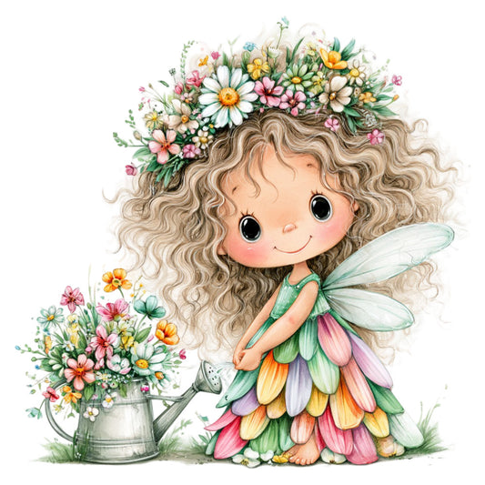 fairy wings, flower crown, whimsical, nature, spring, garden, children's, girl, fantasy, magical, colorful flowers, daisies, pink flowers, yellow flowers, white flowers, green leaves, pastel colors, cream, soft colors, watering can, floral dress, petal skirt, whimsy, storybook, nursery, baby quilt, wall hanging, illustration style, sweet, charming