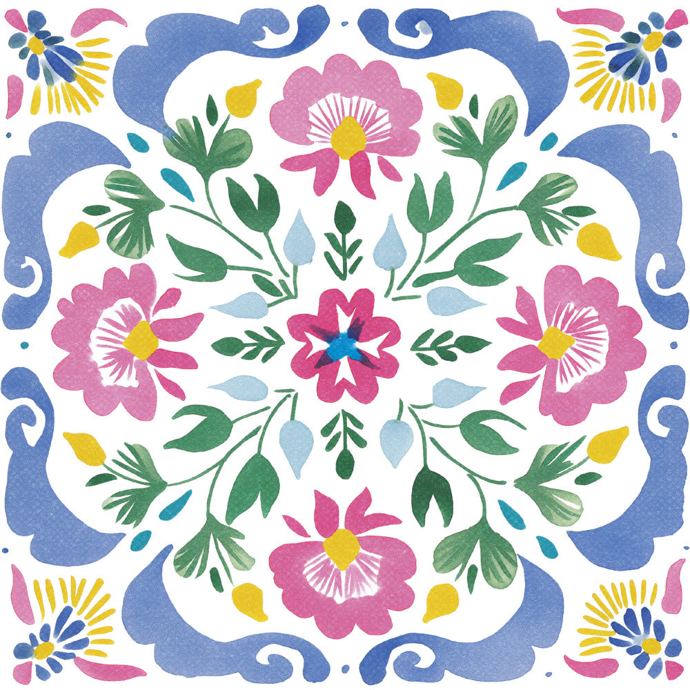floral, botanical, folk art, whimsical, boho, bohemian, spring, summer, nature, traditional, colorful, bright, pink, magenta, rose pink, dusty rose, blue, cornflower blue, navy blue, periwinkle, yellow, golden yellow, green, sage green, forest green, teal, light blue, symmetrical, ornamental, decorative