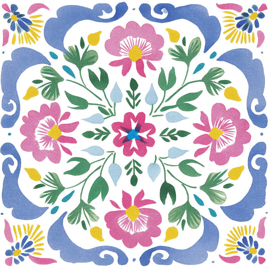 floral, botanical, folk art, whimsical, boho, bohemian, spring, summer, nature, traditional, colorful, bright, pink, magenta, rose pink, dusty rose, blue, cornflower blue, navy blue, periwinkle, yellow, golden yellow, green, sage green, forest green, teal, light blue, symmetrical, ornamental, decorative
