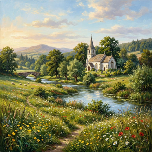 pastoral landscape, countryside, church, cottage core, wildflower meadow, spring flowers, summer landscape, rolling hills, mountain scenery, rural village, English countryside, quaint village, nature scene, floral meadow, daisy, poppy, wildflowers, cream, sage green, forest green, golden yellow, sky blue, soft yellow, traditional, romantic, whimsical, scenic, rustic, peaceful, idyllic