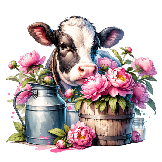floral cows, fabric panel, watercolor style, pink peonies, dairy cow, milk jug, wooden bucket, pastoral scene, farmhouse theme, black white cow, green leaves, cottage core, rustic charm, quilting cotton, craft panel, country living, barn animals, flower arrangement, soft pastels, vintage inspired