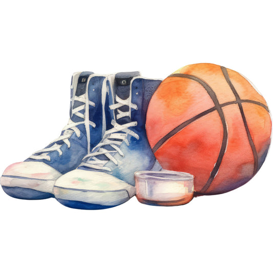 basketball, sports, athletic shoes, sneakers, blue sneakers, orange basketball, navy blue, cream white, orange, red-orange, coral red, sports equipment, athletic, youth, boys, men's, casual wear, active lifestyle, gym, court, trophy, championship, motivational, modern, urban, watercolor, illustrated, realistic, basketball shoes, high-tops
