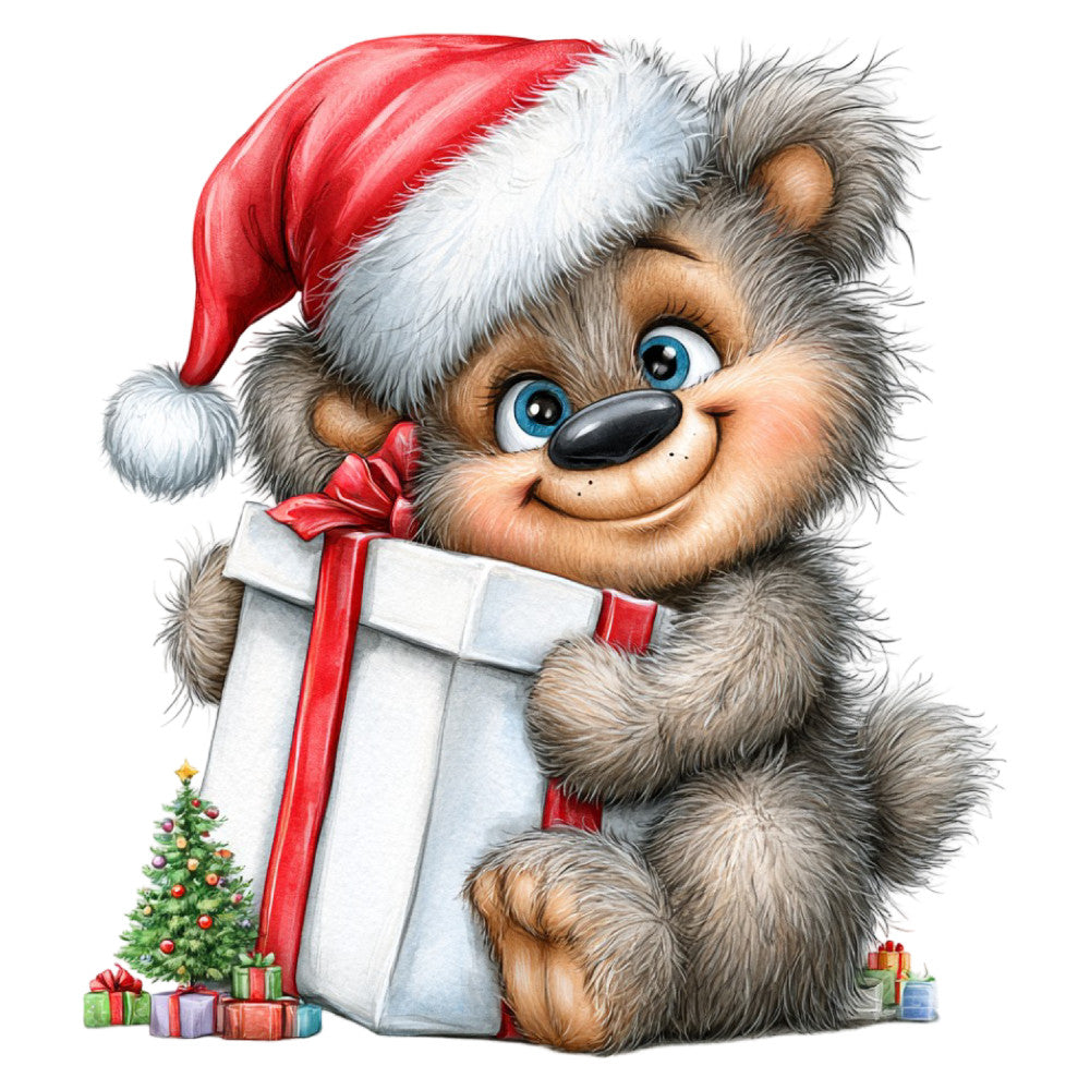 christmas, holiday, festive, santa, gnome, woodland creature, red hat, white fur, blue eyes, gift box, red ribbon, cute, whimsical, playful, cheerful, seasonal, winter, december, character panel, children's, gray, cream, red, gold, illustration style, decorative, joy, magical, present, tree