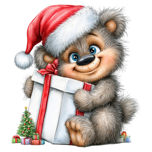 christmas, holiday, festive, santa, gnome, woodland creature, red hat, white fur, blue eyes, gift box, red ribbon, cute, whimsical, playful, cheerful, seasonal, winter, december, character panel, children's, gray, cream, red, gold, illustration style, decorative, joy, magical, present, tree