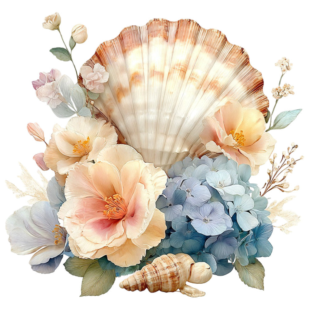 seashell, ocean, coastal, peach, cream, soft blue, dusty blue, sage green, floral, roses, peonies, hydrangeas, botanical, vintage, romantic, elegant, nature, beach theme, nautical, shell motif, delicate flowers, pastel colors, spring, summer, cottage core, shabby chic, watercolor style, garden flowers, blush pink, ivory