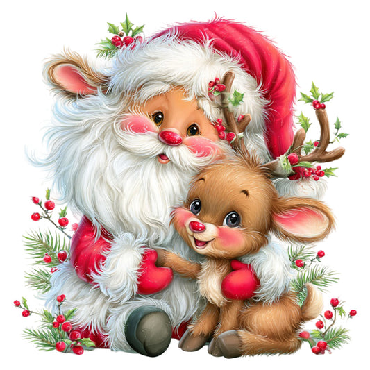 santa, reindeer, christmas, holiday, festive, red, white, cream, brown, tan, cute, whimsical, vintage, retro, animals, woodland creatures, berries, holly, evergreen, seasonal, winter, children, nostalgic, traditional, jolly, decorative, character print, storybook, nursery, baby