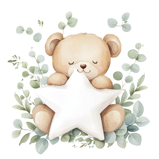 teddy bear, sleeping bear, cute animals, baby animals, soft pastels, sage green, eucalyptus green, cream white, soft brown, tan, watercolor, whimsical, gentle, nursery, baby shower, baby quilt, children's fabric, kids design, nature, botanical, leaves, eucalyptus leaves, star motif, dreamy, sweet, soft colors, calming design, gender neutral, newborn, toddler