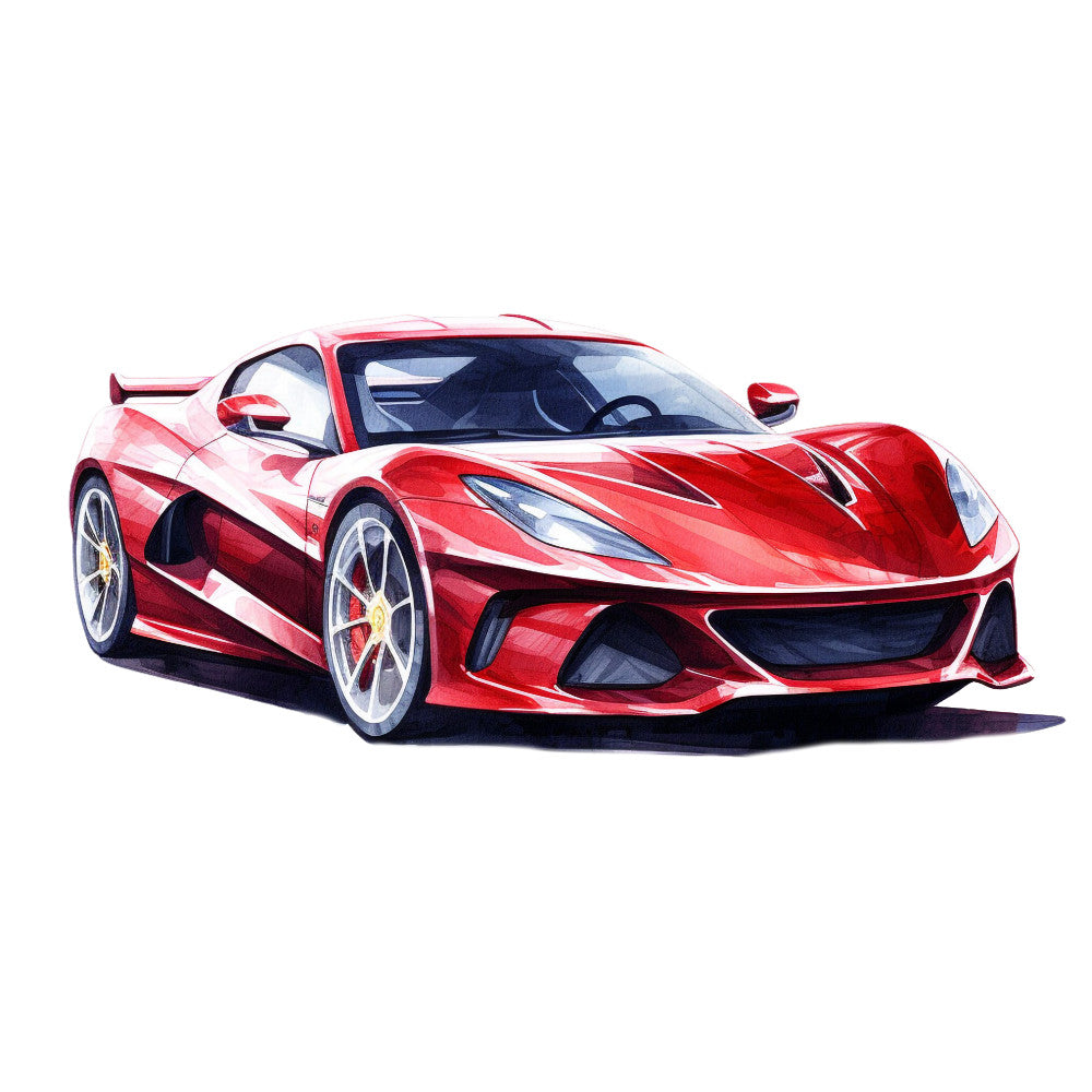 red sports car, crimson, scarlet, white accents, silver wheels, automotive illustration, sleek design, racing car, watercolor style, modern artwork, fabric panel, quilting cotton, luxury vehicle, speed theme, contemporary art, glossy finish, aerodynamic, performance car, bright colors, artistic rendering