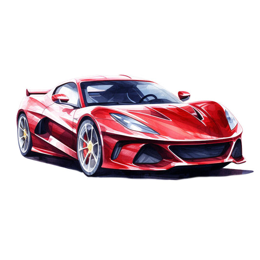 red sports car, crimson, scarlet, white accents, silver wheels, automotive illustration, sleek design, racing car, watercolor style, modern artwork, fabric panel, quilting cotton, luxury vehicle, speed theme, contemporary art, glossy finish, aerodynamic, performance car, bright colors, artistic rendering
