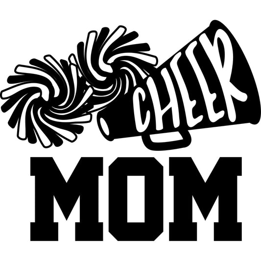 cheer mom, cheerleader, sports mom, black and white, megaphone, spirals, swirls, abstract, modern, bold, athletic, school spirit, sports themed, cheerleading, motivational, parent appreciation, mom gifts, fan apparel, typography, text design, dynamic, energetic, youth sports, high school, competitive sports, fan wear, inspirational quotes