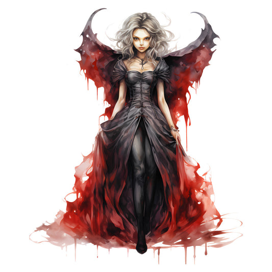dark red, crimson, blood red, charcoal gray, black, silver, pale blonde, gothic, fantasy, vampire, demon, wings, bat wings, dripping blood, dark fantasy, elegant, dramatic, supernatural, mystical, dark romance, halloween, gothic fashion, character art, illustration style, evening wear, dark aesthetic, moody, theatrical