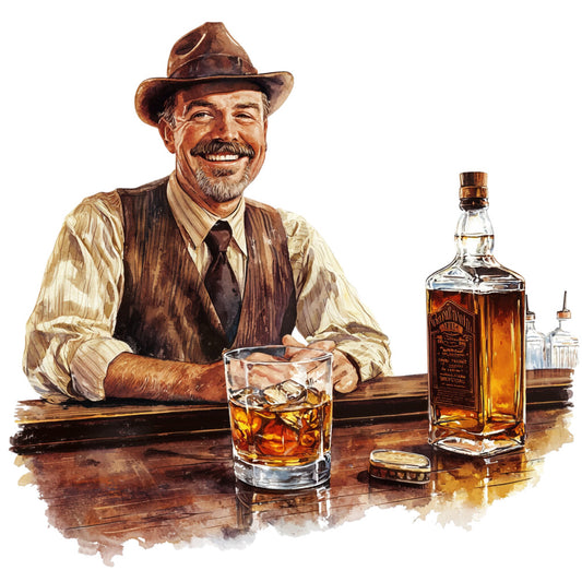 bourbon, whiskey, bartender, vintage man, brown tones, amber liquid, glass tumbler, whiskey bottle, western hat, vest, mustache, bar scene, brown leather, golden amber, rustic wood, saloon style, fabric panel, quilting cotton, vintage illustration, watercolor style