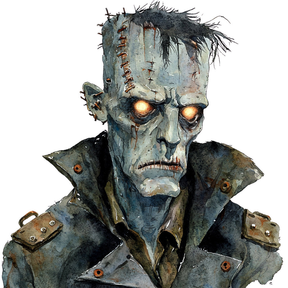 steampunk, gothic, monster, zombie, creature, undead, spooky, halloween, dark, moody, industrial, mechanical, gray, charcoal, slate blue, cream, brass, copper, stitched details, glowing eyes, horror, supernatural, vintage gothic, dark fantasy, edgy, alternative, skull-like, weathered, distressed, artisan painted