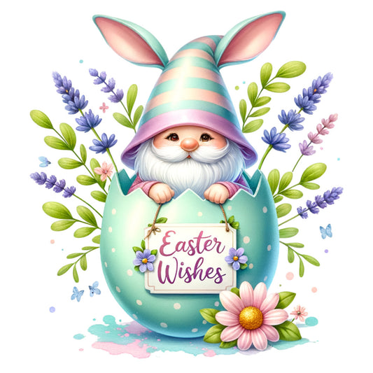 easter gnome, pastel colors, turquoise, pink, lavender, striped hat, bunny ears, white beard, fabric panel, quilting cotton, spring flowers, easter egg, watercolor style, whimsical illustration, seasonal design, floral elements, cute character, craft project, sewing panel, holiday theme