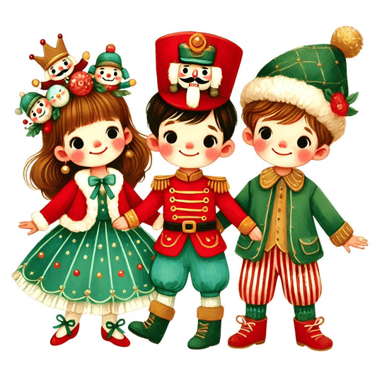 christmas, holiday, nutcracker, festive, children, whimsical, red, green, gold, cream, vintage, traditional, jolly, cheerful, decorative characters, drummer boy, soldier, caroler, retro style, nostalgic, festive attire, winter, seasonal, novelty print, storybook, classic christmas, handmade feel, craft projects, wall hanging, tree skirt