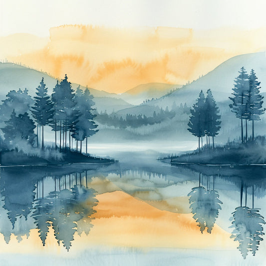 watercolor landscape, forest green, teal blue, golden yellow, misty mountains, pine trees, lake reflection, nature scene, calm water, foggy forest, serene landscape, rustic style, peaceful scenery, evergreen trees, woodland theme, morning mist, soft watercolor, impressionist art, scenic vista, coniferous forest, tranquil nature, moody landscape, blended colors, atmospheric landscape, mountain lake, forest reflection, meditative art, naturalistic design, soft aesthetic, contemplative mood