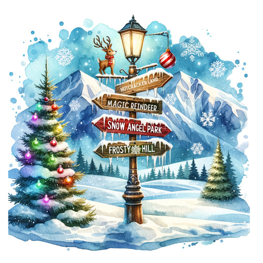 christmas signpost, watercolor style, winter scene, snow covered mountains, decorated christmas tree, reindeer character, directional signs, blue watercolor background, white snowflakes, fabric panel, quilting cotton, holiday theme, whimsical illustration, lamp post, red ornaments, evergreen trees, snowy landscape, festive colors, winter wonderland, craft panel