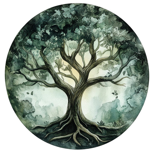 forest green, sage green, cream, ivory, off-white, tree of life, botanical, nature, organic, roots, branches, leaves, tree motif, circular design, round panel, watercolor, artistic, whimsical, elegant, vintage, naturalistic, growth, peaceful, meditative, earth tones, neutral, contemplative, spiritual, timeless
