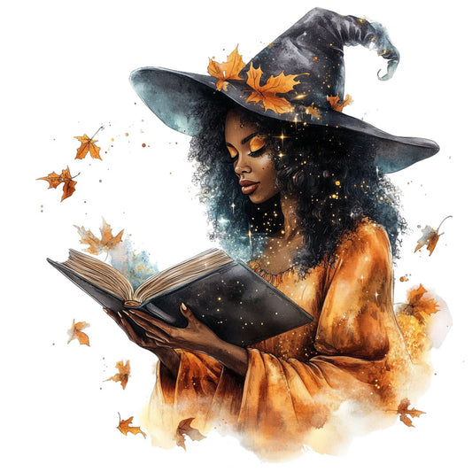 watercolor witch, autumn leaves, orange fabric, black hat, spell book, magical sparkles, curly hair, witch costume, fall colors, amber tones, mystical design, halloween theme, fabric panel, quilting cotton, enchanted woman, seasonal motif, golden yellow, dark gray, witchcraft imagery, fantasy art