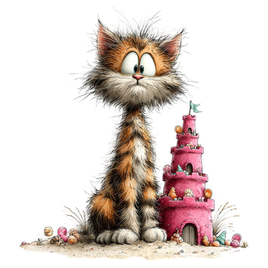 calico cat, orange tabby, fluffy cat, whimsical, cute, playful, children's illustration, castle, pink castle, sand castle, beach theme, novelty, animal characters, multicolor, cream, dusty rose, coral pink, warm orange, black, gray, charming, storybook, fantasy, kids fabric, whimsy, illustration style, decorative panel