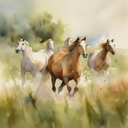 horses, equestrian, running horses, galloping, cream, tan, brown, chestnut, white, sage green, muted green, watercolor, soft focus, artistic, nature, wildlife, animals, farmhouse, rustic, pastoral, countryside, elegant, peaceful, serene, landscape, field, grass, spring, summer, wall hanging