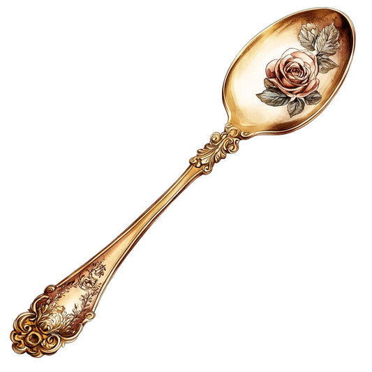 vintage spoon, antique gold, rose gold, ornate handle, decorative spoon, victorian, elegant, ornamental, roses, floral, romantic, classic, traditional, botanical, detailed design, metallic, heirloom, collectible, damask, embellished, luxury, retro, nostalgia, cottage style, timeless, botanical illustration, mixed media, steampunk, classic roses, ornate florals
