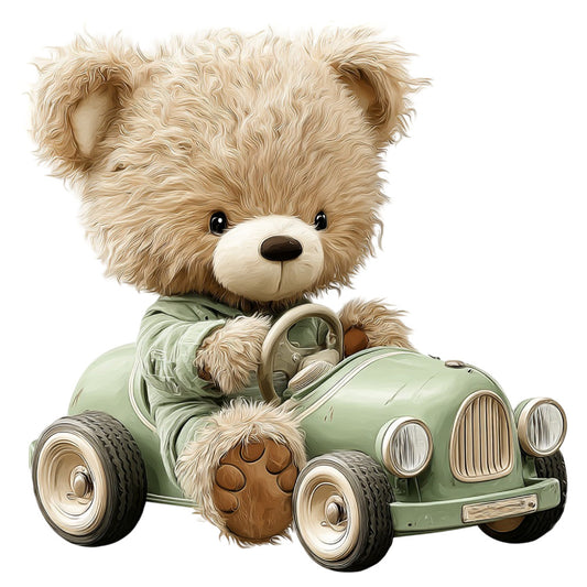 teddy bear, vintage car, sage green, cream, tan, beige, brown, cute animals, whimsical, retro, classic car, racing bear, nursery, baby quilt, children's, adorable, stuffed animal, toy car, vintage style, nostalgic, playful, soft colors, neutral tones, wall hanging, crib bedding, kids fabric, storybook, charming, gentle colors, sweet