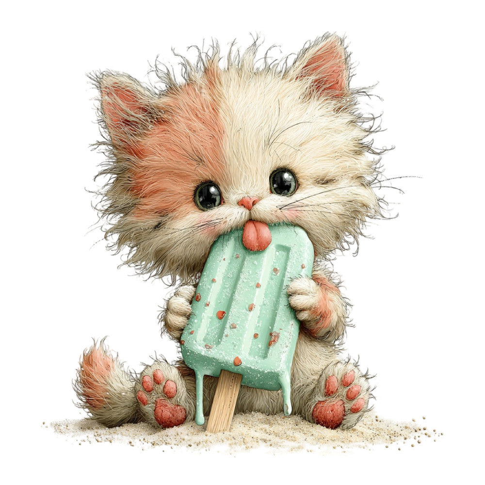 cute cat, fluffy kitten, popsicle, ice cream, mint green, coral pink, cream white, playful, whimsical, children's, kids, animal motif, beach theme, summer, sand, sweet treats, adorable, illustration style, pastel colors, candy themed, dessert, fun, cheerful, nursery, baby, character fabric, novelty print
