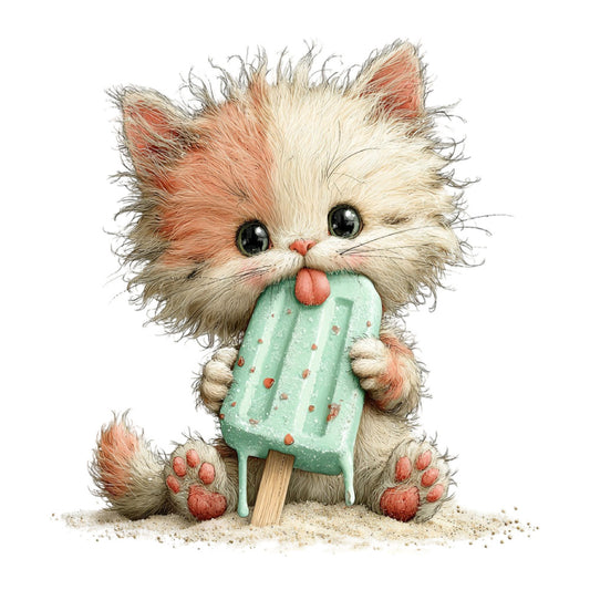 cute cat, fluffy kitten, popsicle, ice cream, mint green, coral pink, cream white, playful, whimsical, children's, kids, animal motif, beach theme, summer, sand, sweet treats, adorable, illustration style, pastel colors, candy themed, dessert, fun, cheerful, nursery, baby, character fabric, novelty print
