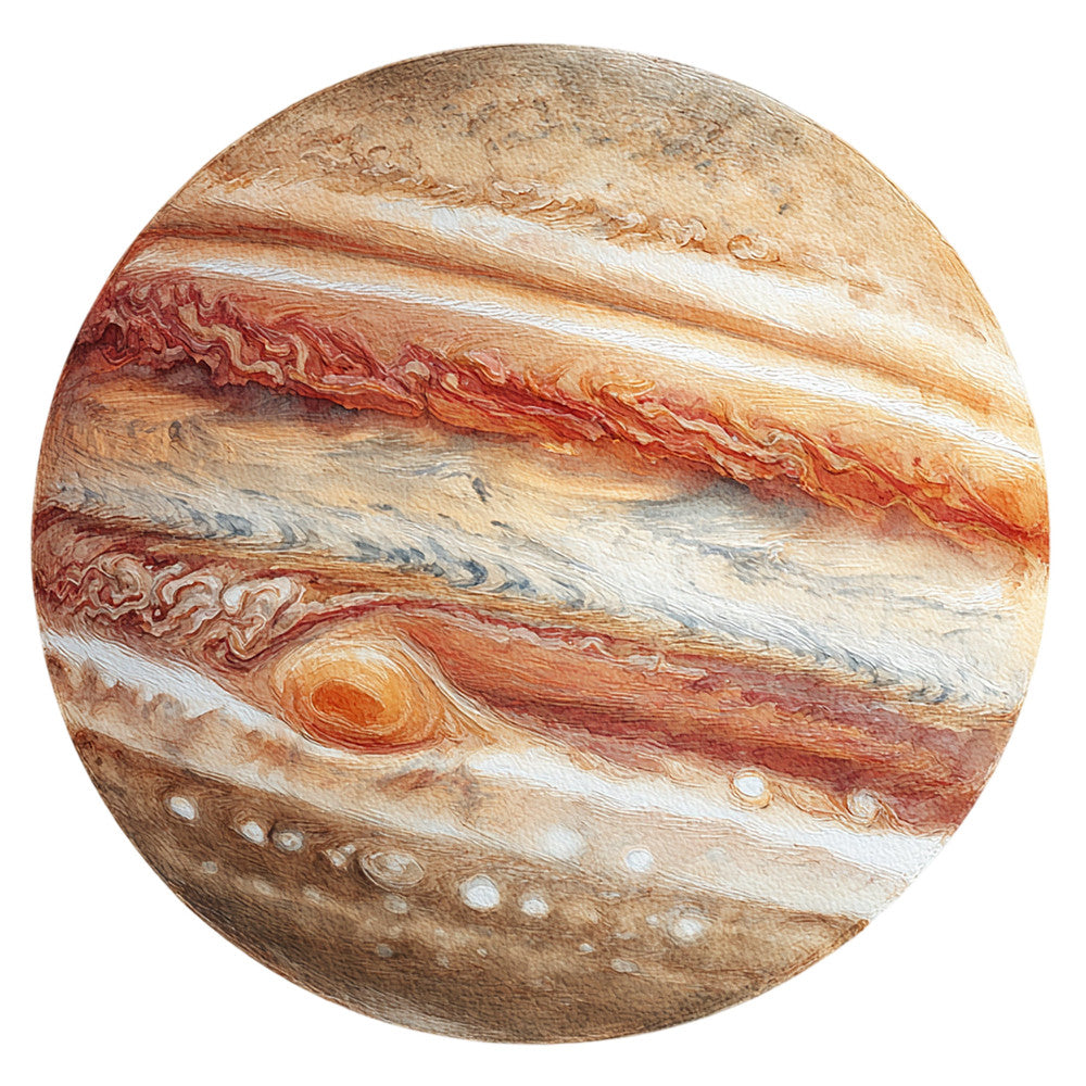 jupiter, gas giant, planet, space, astronomy, celestial, rust red, terracotta, cream, tan, beige, white, brown, abstract, swirled, atmospheric, cosmic, outer space, nature, science, educational, modern, contemporary, wall hanging, home decor, great red spot, planetary, storm clouds, striped, bands