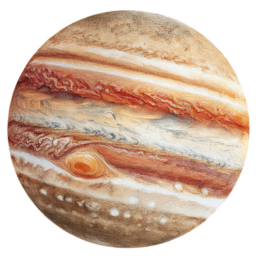 jupiter, gas giant, planet, space, astronomy, celestial, rust red, terracotta, cream, tan, beige, white, brown, abstract, swirled, atmospheric, cosmic, outer space, nature, science, educational, modern, contemporary, wall hanging, home decor, great red spot, planetary, storm clouds, striped, bands