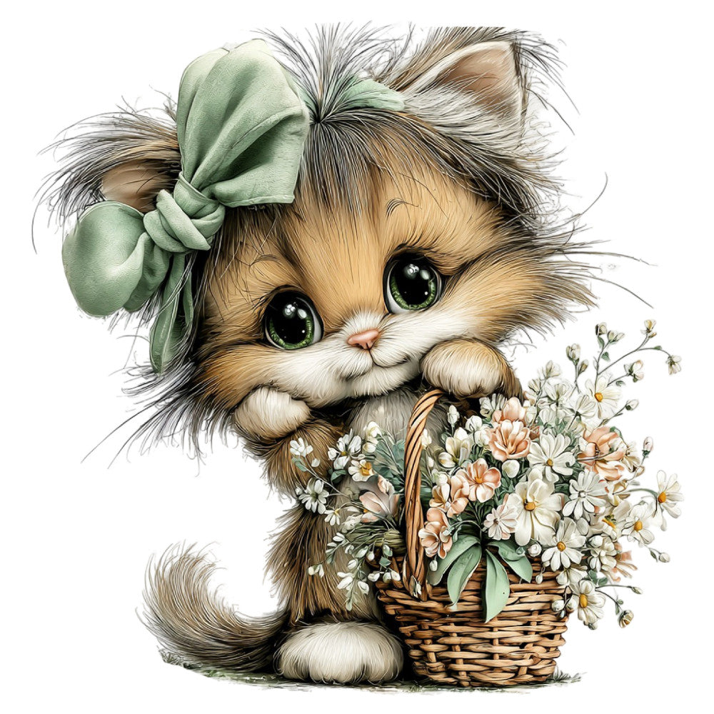 cute cat, fluffy kitten, green ribbon bow, daisies, white flowers, peach flowers, floral basket, animals, whimsical, springtime, spring flowers, pastel green, cream white, tan brown, soft colors, vintage style, sweet, cheerful, nature, garden flowers, botanical, feminine, decorative panel, wall hanging, baby quilt, children's, nursery, cottage core, storybook illustration, adorable