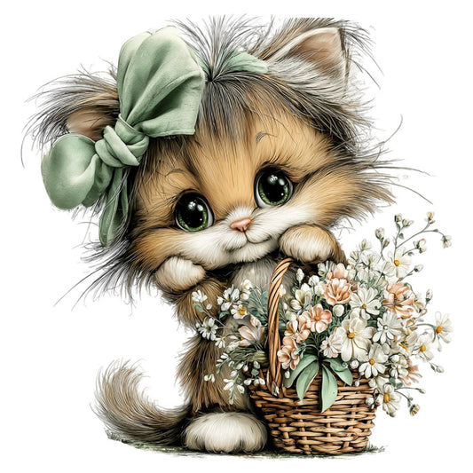 cute cat, fluffy kitten, green ribbon bow, daisies, white flowers, peach flowers, floral basket, animals, whimsical, springtime, spring flowers, pastel green, cream white, tan brown, soft colors, vintage style, sweet, cheerful, nature, garden flowers, botanical, feminine, decorative panel, wall hanging, baby quilt, children's, nursery, cottage core, storybook illustration, adorable