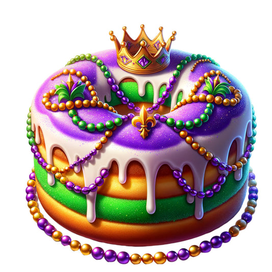 purple, green, gold, orange, king cake, crown, mardi gras beads, fleur-de-lis, white icing, colorful layers, festive celebration, carnival theme, decorative pearls, rainbow colors, party cake, fabric panel, quilting cotton, holiday themed, new orleans style, jubilee design