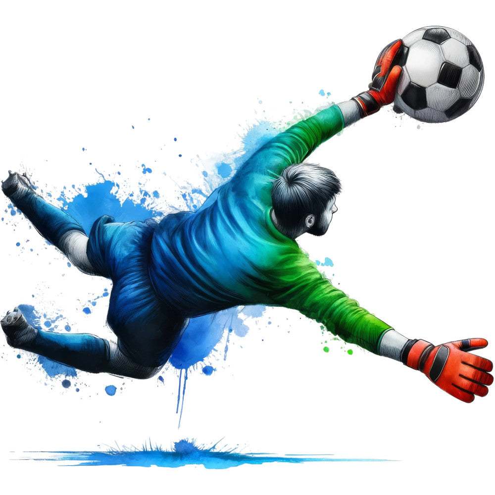 soccer, goalkeeper, sports, athletic, watercolor, splash art, blue and green, cyan, lime green, orange red, dynamic action, modern, contemporary, paint splatter, abstract, energetic, youth, team sports, ball, goal keeper, vibrant colors, artistic, illustration style, recreational sports, active lifestyle, motion, movement, boys, men, sports themed