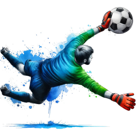soccer, goalkeeper, sports, athletic, watercolor, splash art, blue and green, cyan, lime green, orange red, dynamic action, modern, contemporary, paint splatter, abstract, energetic, youth, team sports, ball, goal keeper, vibrant colors, artistic, illustration style, recreational sports, active lifestyle, motion, movement, boys, men, sports themed