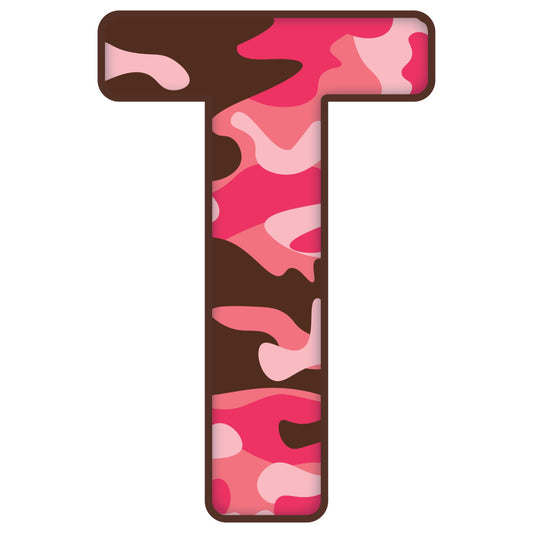 hot pink, coral pink, light pink, deep brown, chocolate brown, camouflage, camo pattern, abstract, modern, playful, whimsical, artistic, geometric shapes, organic shapes, contemporary, bold colors, high contrast, letter t, monogram, initial, trendy, fun, vibrant, colorful, statement piece, eye-catching, layered design, mixed media look