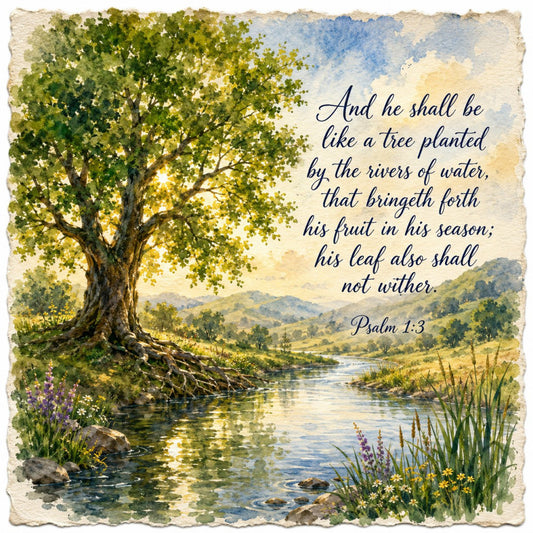 tree, river, landscape, psalm, scripture, inspirational, nature, water, flowing water, lush green, forest green, sky blue, cream, beige, gold, yellow-green, wildflowers, purple flowers, pastoral, serene, peaceful, scenic, botanical, watercolor, artistic, spiritual, faith-based, religious, traditional, elegant