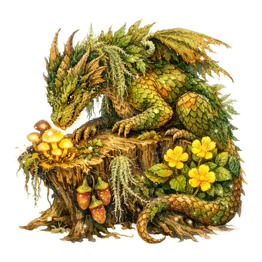 forest green, olive green, golden yellow, mustard yellow, moss green, bronze, earthy tones, dragon, fantasy, woodland, nature, whimsical, magical, mushrooms, yellow flowers, ferns, moss, rustic, enchanted forest, storybook, illustration, children's, adventure, creature, scale pattern, leafy, organic, fairy tale, garden, nature lover
