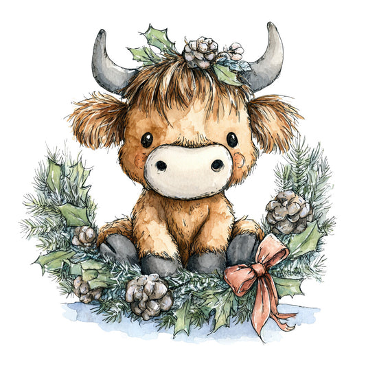 Vintage Christmas Highland Cows Fabric Panel 16
