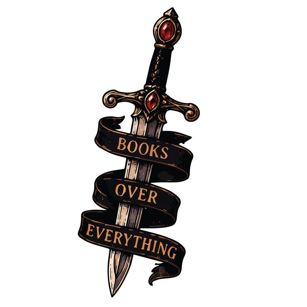books, sword, fantasy, literary, gold, black, red, jewels, gems, medieval, gothic, dark academia, elegant, vintage, ornate, banner, decorative, literary gifts, book lover, reading, fantasy books, magical, enchanted, classic literature, adventure, heroic, golden accents, precious stones, romantic, dramatic