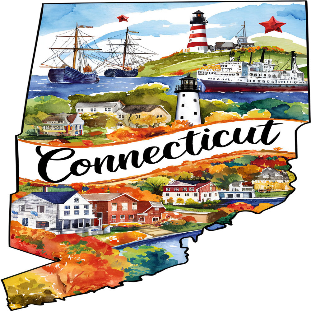 Classic US States Fabric Panel 24 featuring colorful Connecticut landmarks and scenery printed on premium quilting cotton.