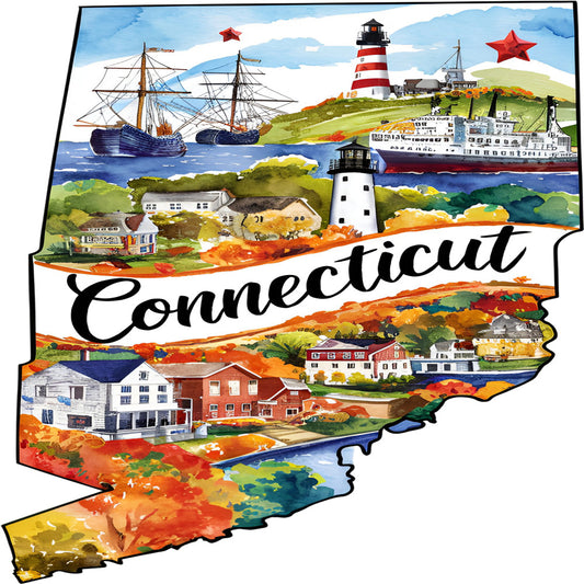 Classic US States Fabric Panel 24 featuring colorful Connecticut landmarks and scenery printed on premium quilting cotton.