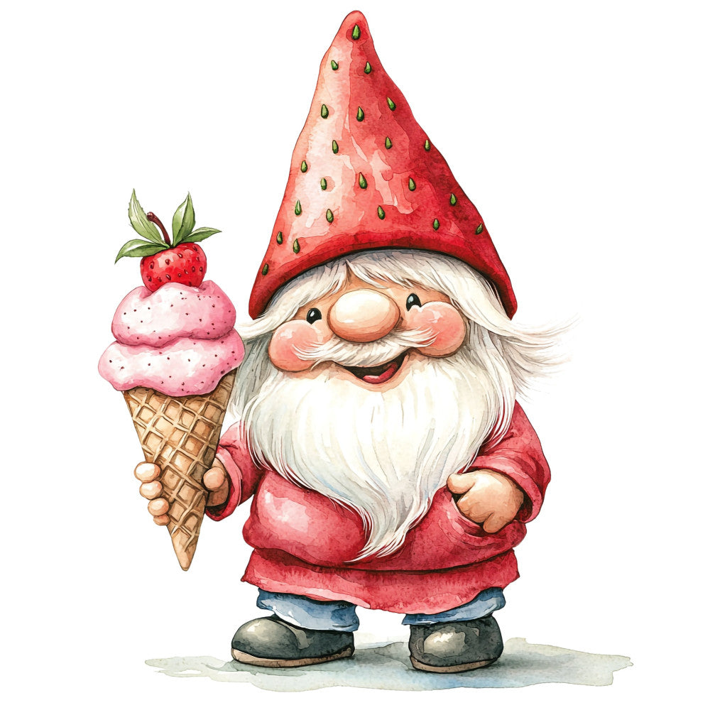 strawberry gnome, red gnome, whimsical gnome, garden gnome, strawberry hat, pink ice cream cone, strawberry ice cream, cottage core, fairy tale, fantasy, children's fabric, kids fabric, storybook, illustration, watercolor, whimsical character, folk art, vintage gnome, nursery, baby quilt, wall hanging, spring, summer, coral red, dusty rose, cream white, soft pink, berry theme, food theme, sweet treats
