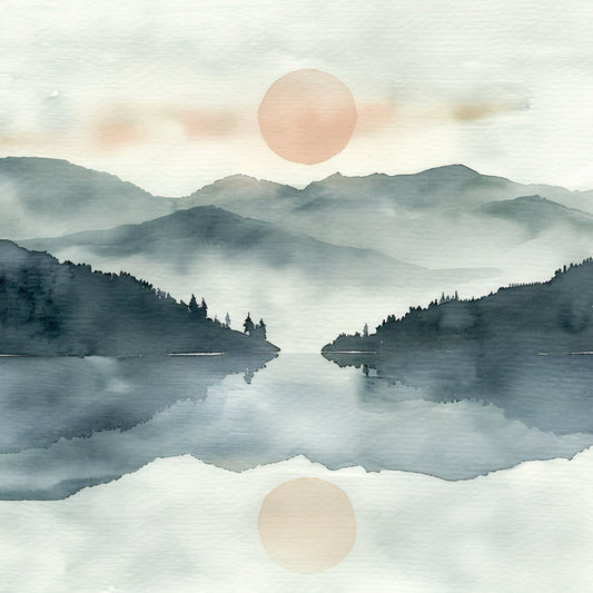 misty mountains, watercolor landscape, serene lake, forest green, slate blue, soft beige, peachy pink, abstract nature, minimalist, modern, zen, celestial, two moons, reflection, contemplative, tranquil water, evergreen trees, mountain range, foggy, atmospheric, boho, elegant, nature inspired, landscape art, meditation, peaceful, artistic, soft palette, dreamy, wall hanging