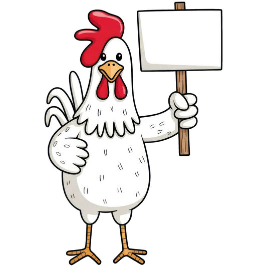 rooster, red comb, white chicken, farm animal, farmhouse, country, rural, barnyard, poultry, blank sign, humorous, whimsical, cute, charming, rustic, folk art, cartoon style, red and white, golden yellow, tan, brown wood, spring, summer, home decor, kitchen, novelty, animal print, children's, playful, folk design