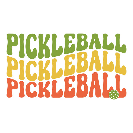 pickleball, sports, game, recreation, activity, lime green, golden yellow, coral red, white, colorful, modern, playful, whimsical, fun, casual, text-based, typography, graphic, bold lettering, outdoor sports, hobby, summer, spring, active lifestyle, athletic theme, social sport, contemporary, bright colors, vibrant, casual wear